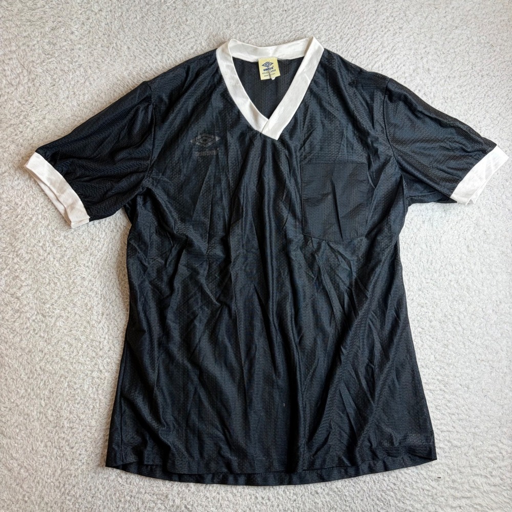 Vintage Umbro Soccer Jersey Black White Mesh V-Neck Ringer Made in USA Large